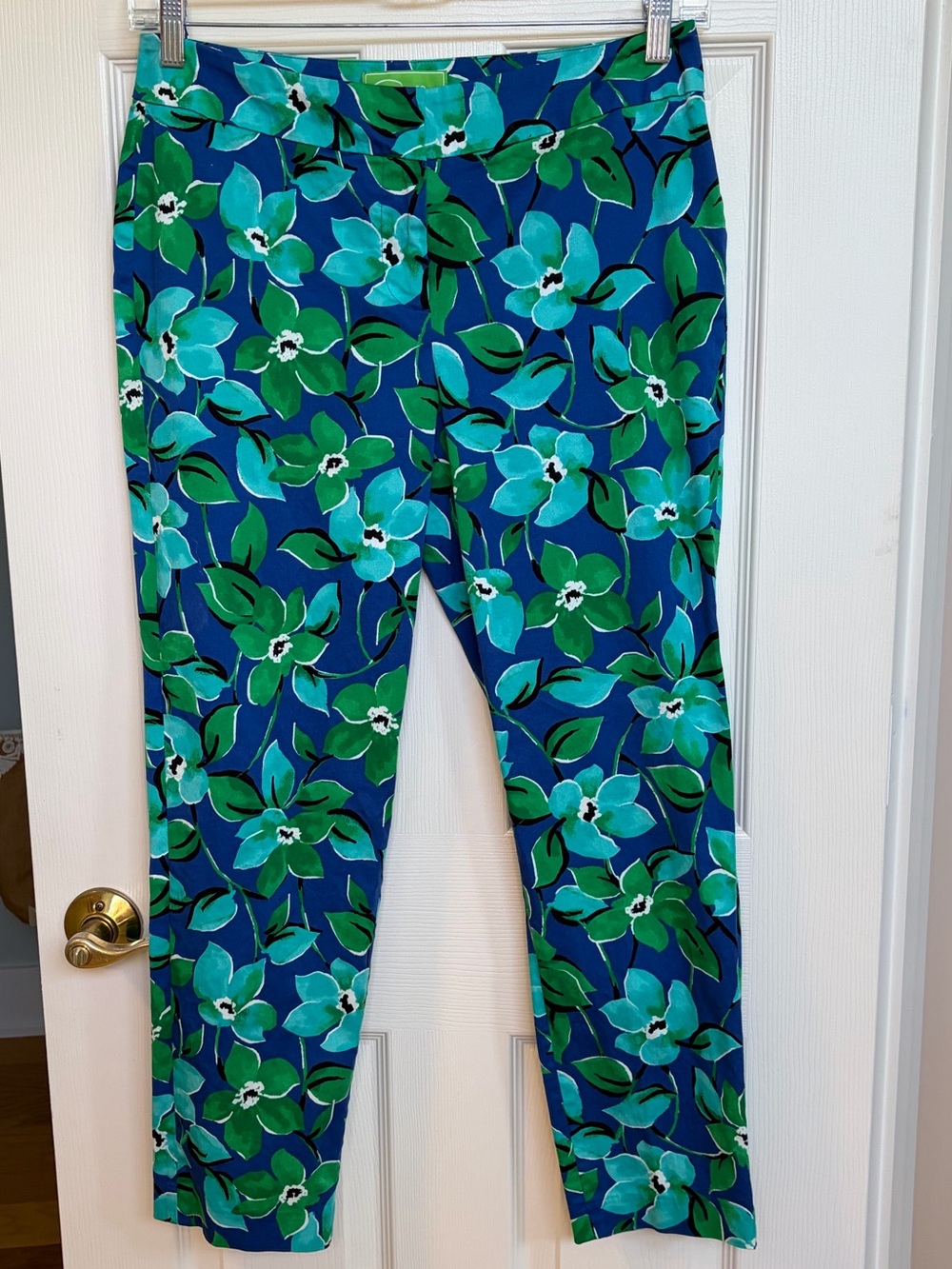 Pappagallo Vibrant Tropical Turquoise Green Blue FloralPrint Pants Sz 8 Stretch